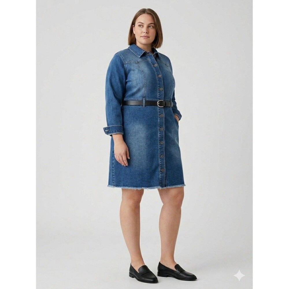 Cato Western Stretch Denim Shirt Dress Frayed Raw Hem Blue Plus Size 16W EUC - Picture 5 of 16